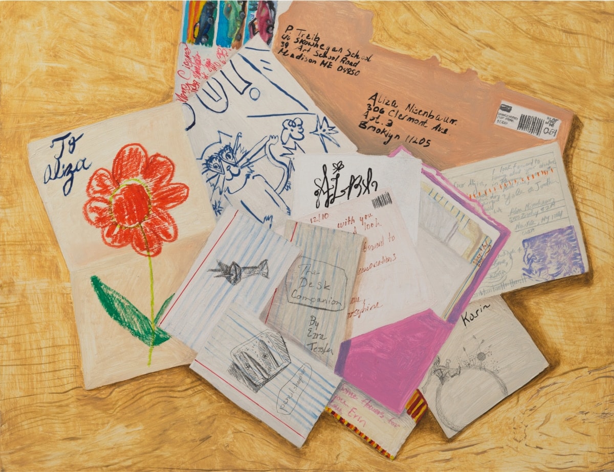 Artwork featuring a pile of sketches on notecards, drawings, and letters to the artist