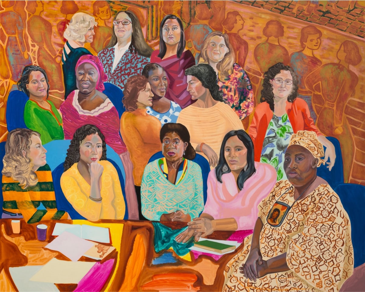 Artwork featuring a diverse group of women poised together near a conference table